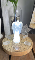 Selenite Angel of peace + protection crystal grid Metatron Cube + seed of life variation | 2 high vibrational patterns- Wood base and led