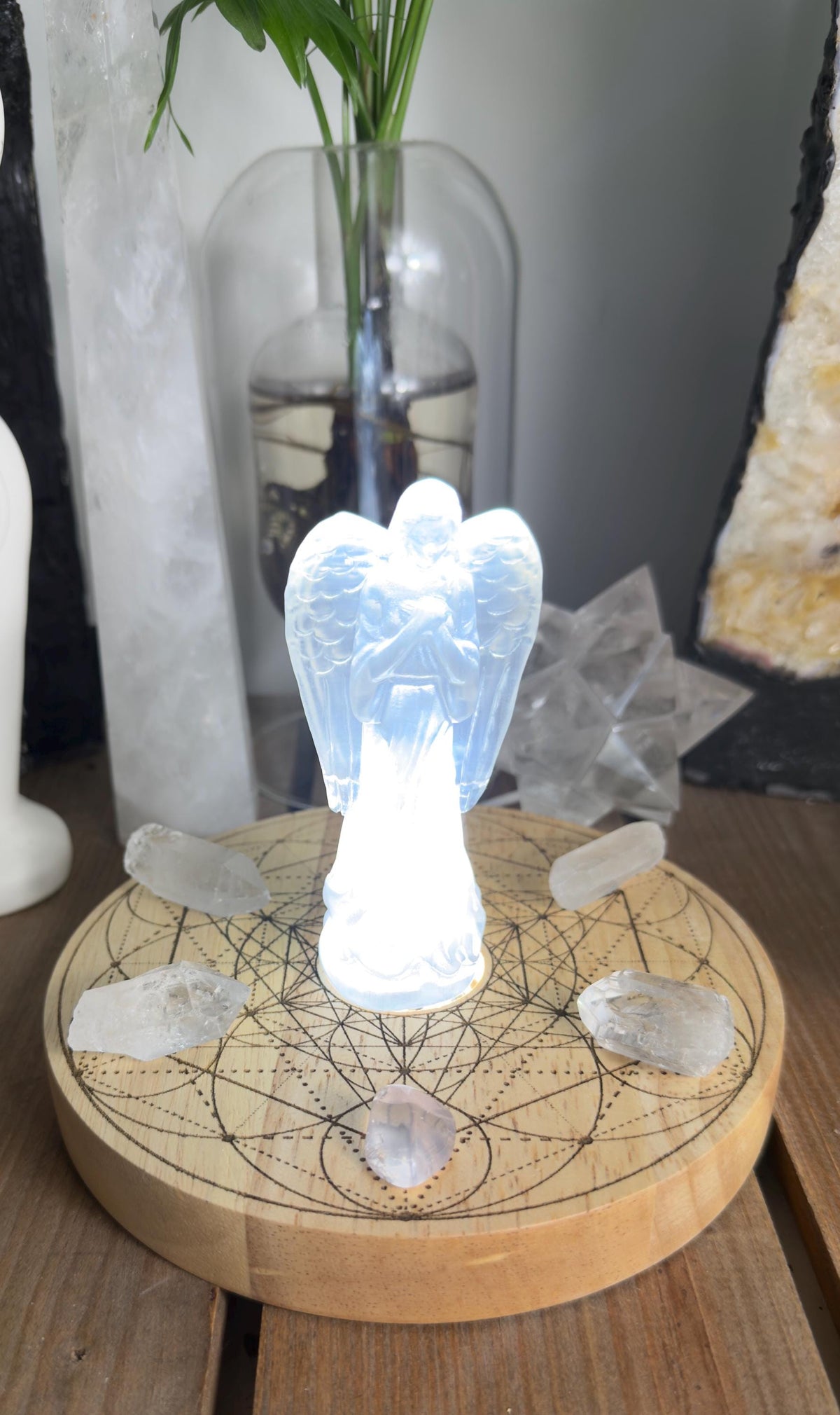 Selenite Angel of peace + protection crystal grid Metatron Cube + seed of life variation | 2 high vibrational patterns- Wood base and led