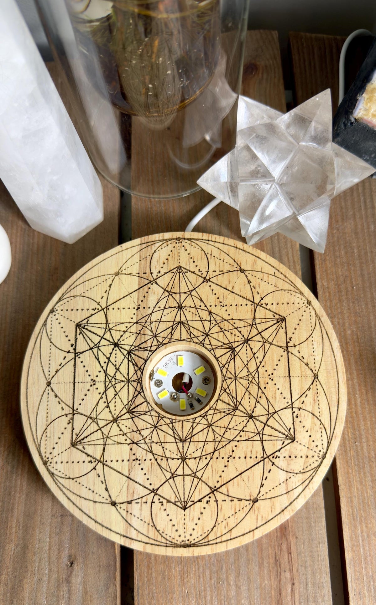 Selenite Angel of peace + protection crystal grid Metatron Cube + seed of life variation | 2 high vibrational patterns- Wood base and led