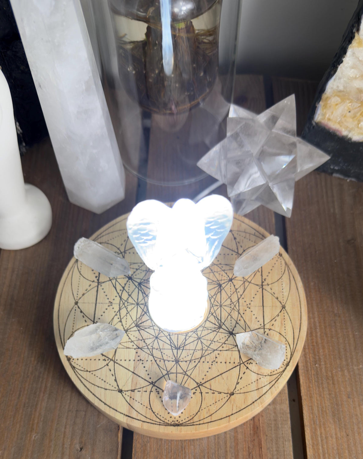 Selenite Angel of peace + protection crystal grid Metatron Cube + seed of life variation | 2 high vibrational patterns- Wood base and led