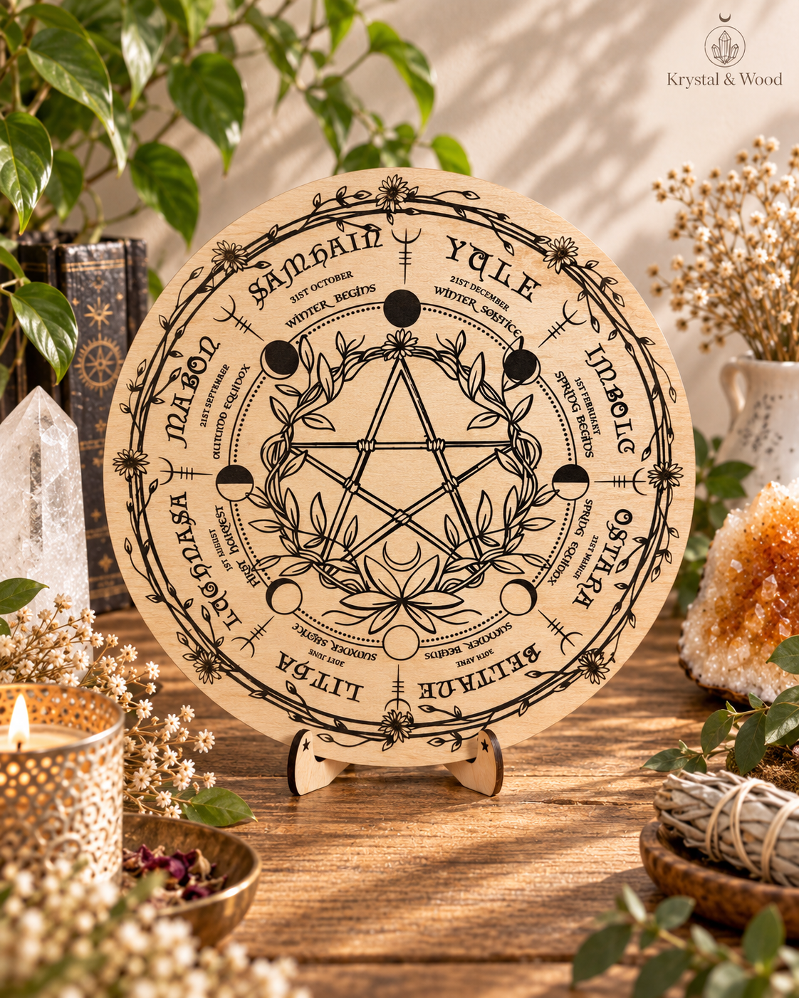 Floral pentagram | Wheel of the Year Board | Pagan Wiccan Calendar for Sacred Spaces & Altars, Custom design| 30+40cm 15.7" available