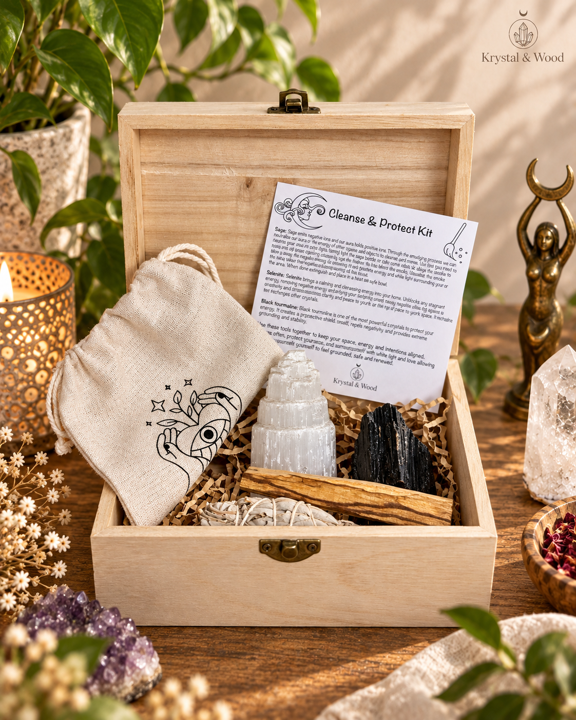 House Cleanse + Protect kit box- Selenite Tower, Raw Black Tourmaline, Sage Smudge stick, Palo santo