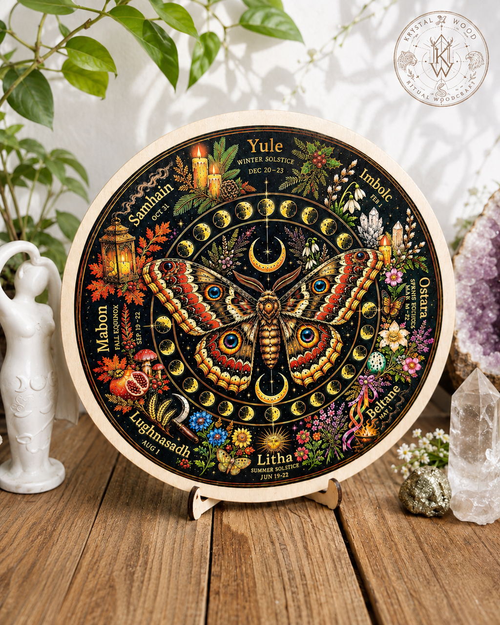 Moth + Moon Wheel of the Year Board | Wiccan Pagan Calendar | Witch Altar Decor | Sabbat Wheel | Northern & Southern Hemisphere