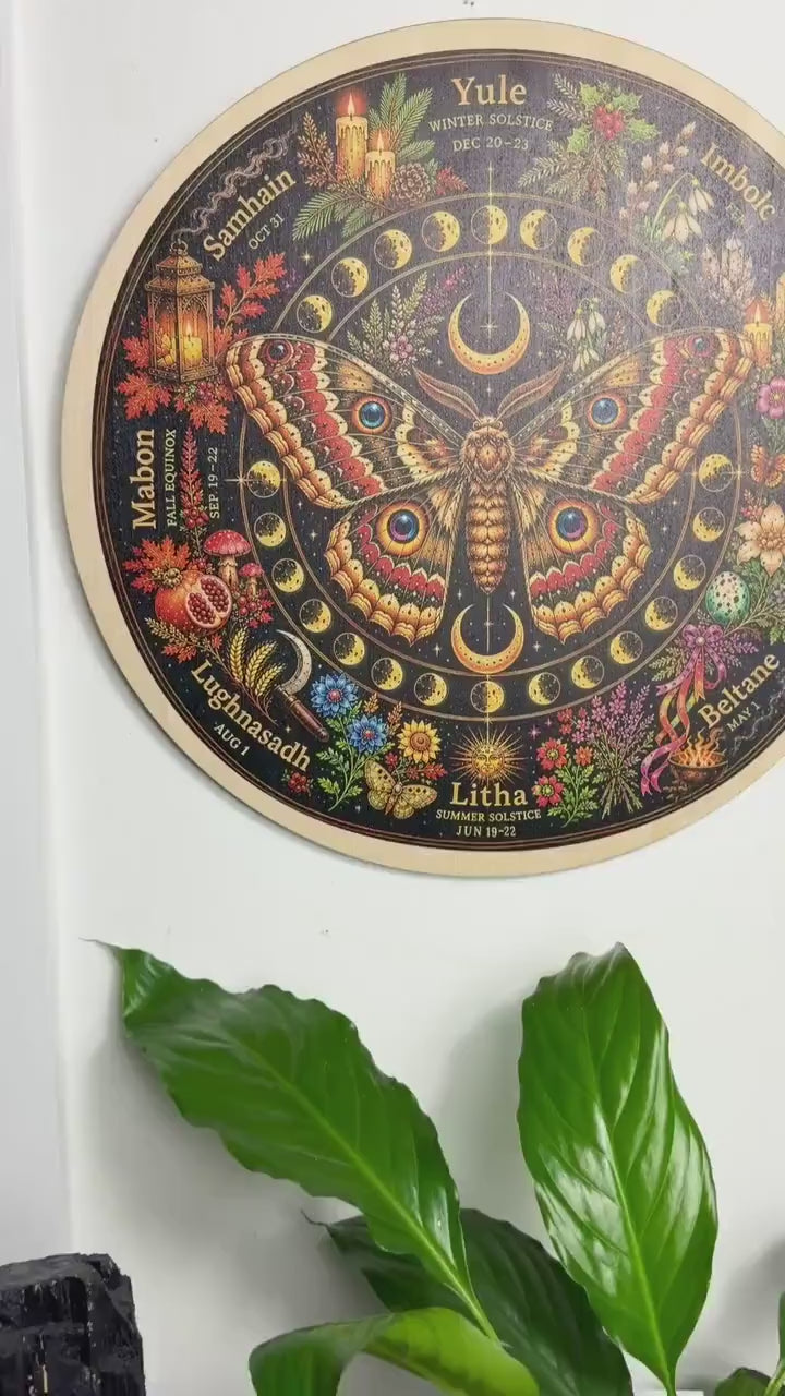 Moth + Moon Wheel of the Year Board | Wiccan Pagan Calendar | Witch Altar Decor | Sabbat Wheel | Northern & Southern Hemisphere