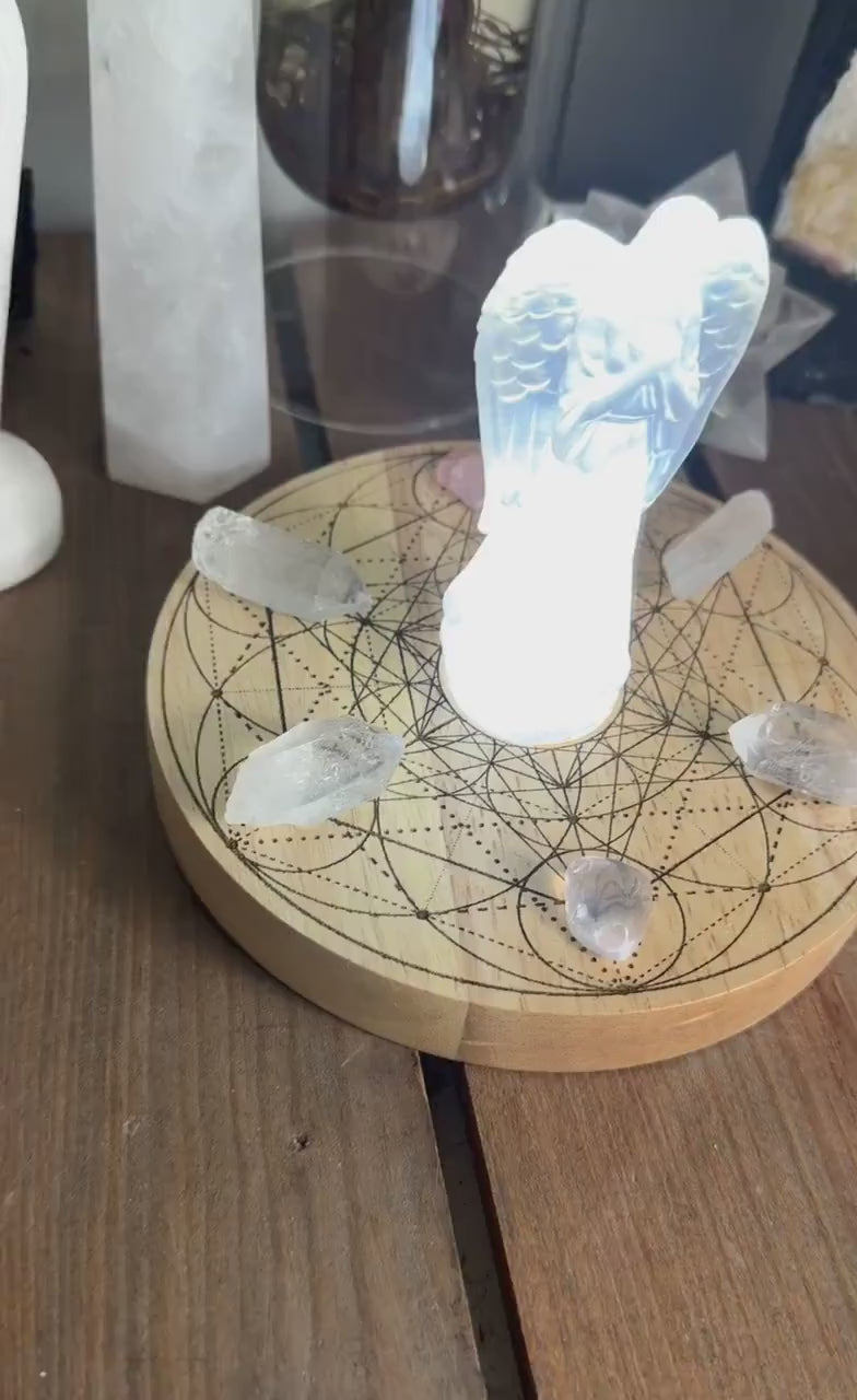 Selenite Angel of peace + protection crystal grid Metatron Cube + seed of life variation | 2 high vibrational patterns- Wood base and led
